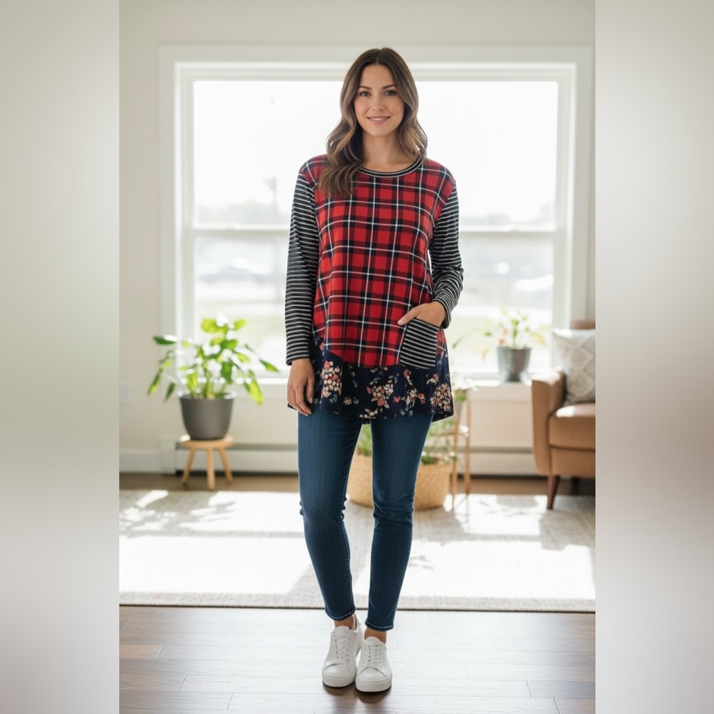 🦒 Westbound Plaid and Striped raglan Top size XLP